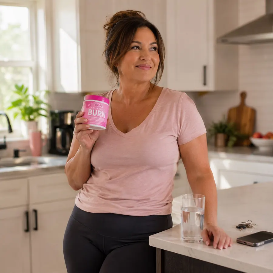 Woman in her kitchen holding a tub of Obvi Collagenic Burn
